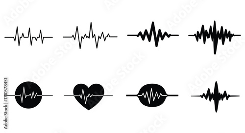 Black and white heartbeat line and heart shaped waveform designs