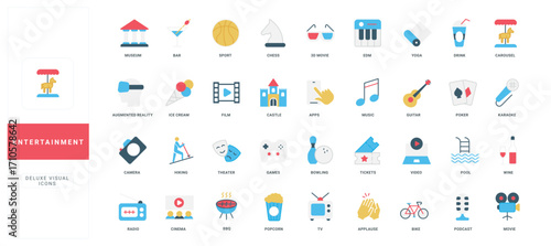 Entertainment, leisure in cinema theatre and museum, bar, music show and television color icon set. Film strip and guitar, popcorn and ticket, camera and augmented reality flat vector illustration