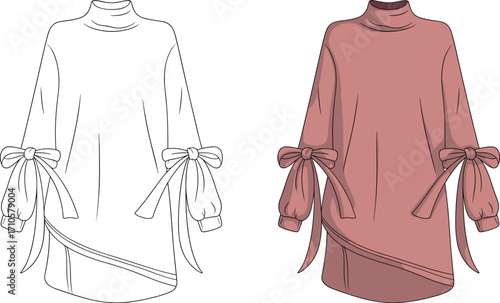 Fashion technical drawing, long sleeve dress sketch, high neckline, diagonal hem, ribbon bow cuffs, garment flat illustration, clothing design, apparel template, fashion sketch, dress design