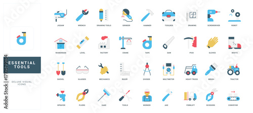 Equipment and device, essential tools of worker and heavy machinery for construction and industrial works color icon set. Automated arm of robot, warehouse forklift, conveyor flat vector illustration