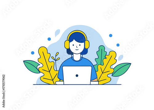 Woman with headphones working on laptop, surrounded by plants, flat vector illustration