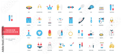 Fashion luxury shop of accessory and clothes, makeup and bikini, jewelry color icon set. Cosmetic product and SPF cream, hair and beauty skin care objects, nail polish and bag flat vector illustration