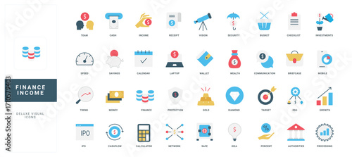 Finance income, economic growth, stock market investment planning, loan color icon set. Expenses of consumer basket, calendar of financial payment and budget revenues flat vector illustration