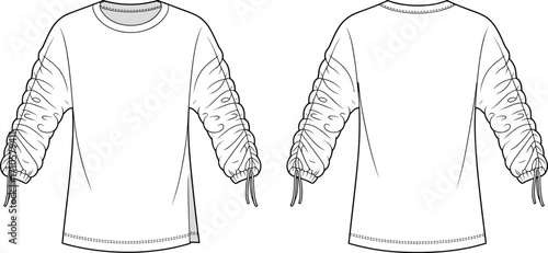 Long sleeve ruched shirt fashion flat sketch, front and back technical drawing, garment design illustration, apparel template, clothing vector outline, sewing pattern reference