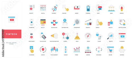 Fintech, blockchain and financial technology, digital innovation of mobile banking and wallet color icon set. Stock market and money exchange, biometric scanning for access flat vector illustration