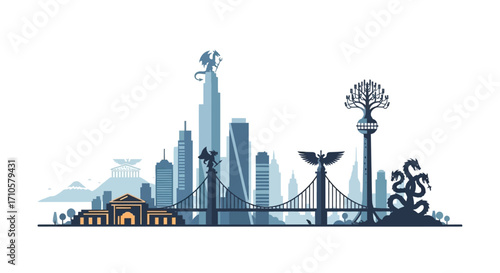 Cityscape with mythical creatures and structures.