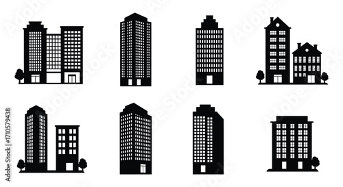 Black silhouette illustration of various city buildings and architectural styles