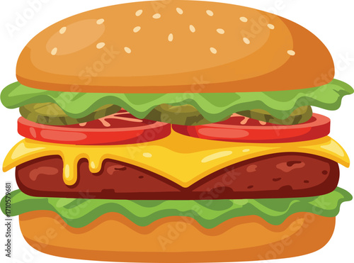 A juicy double cheeseburger with lettuce, tomato, and pickles.