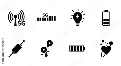 Collection of black tech icons representing connectivity power and devices