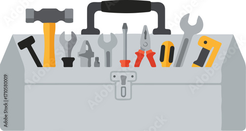 A metallic toolbox overflowing with various hand tools.