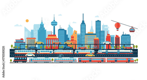 Cityscape with trains and buildings showcasing urban transportation and architecture.