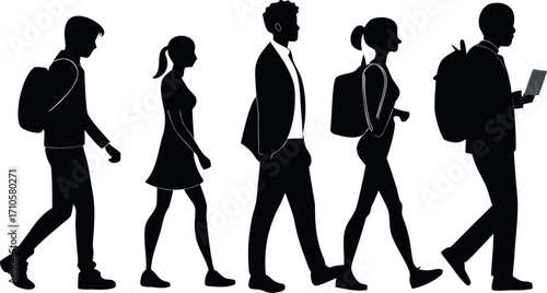 Six diverse black silhouettes walking in a single line against a bright white background
