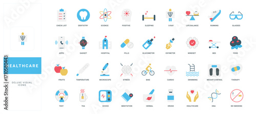 Healthcare and medical care, mobile app and gadget for health screening, stress control color icon set. Hospital therapy, healthy food and lifestyle, positive thinking flat vector illustration