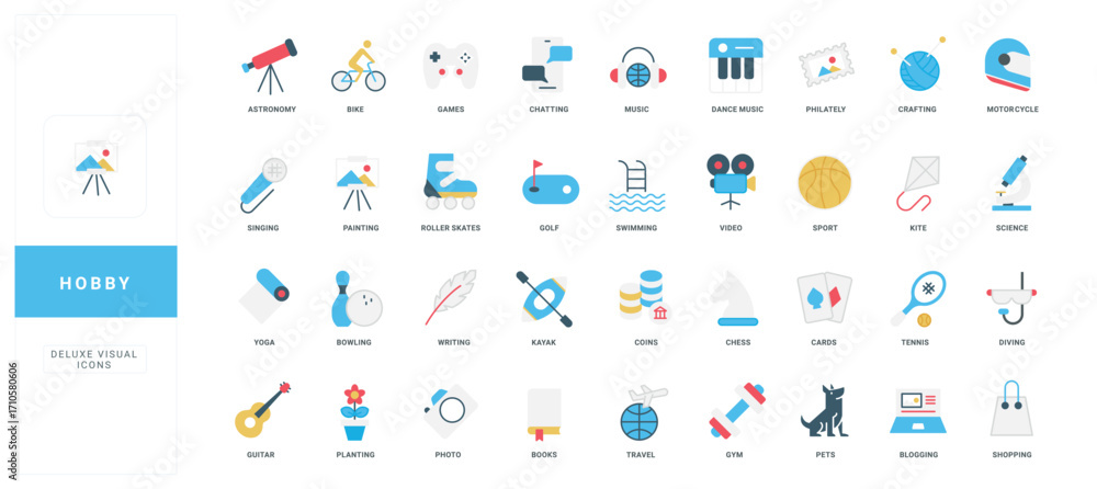 Naklejka premium Hobby for leisure, weekend and vacation activity, online and sports games, music color icon set. Video and photography, blog writing and reading, travel adventure, gardening flat vector illustration
