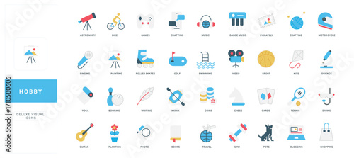 Hobby for leisure, weekend and vacation activity, online and sports games, music color icon set. Video and photography, blog writing and reading, travel adventure, gardening flat vector illustration