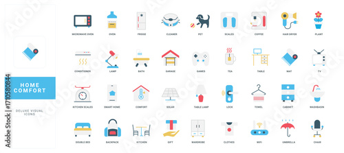 Home comfort items, electrical appliances and equipment for kitchen and bedroom, living room, bathroom color icon set. House furniture, microwave oven and cleaner, towels flat vector illustration