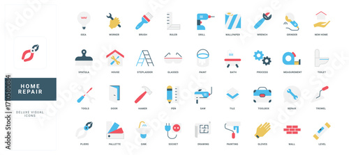 Home repair and maintenance service, builders equipment, building materials color icon set. Construction workers diy tools to reform and renovate building, house plan flat vector illustration