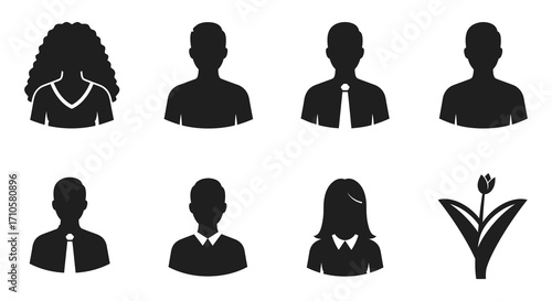 Diverse group of people silhouettes with a small floral element included