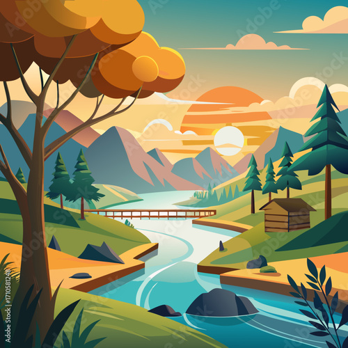 Stunning vector landscape illustration with serene river flowing beneath wooden bridge, mountains in distance at sunset, cabin nestled among evergreen trees radiates tranquility