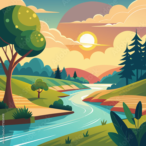 Experience the tranquility of a winding river at sunset, a serene landscape illustration perfect for nature lovers and those seeking peaceful escape in their designs, originally created as vector art