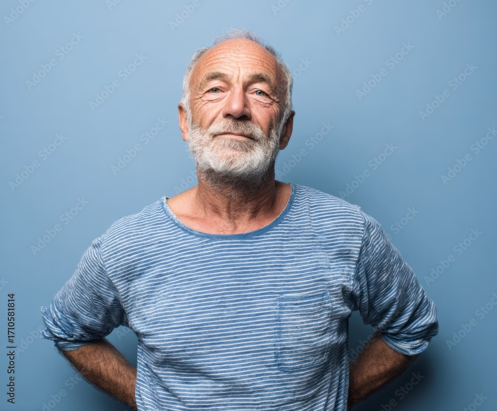 Obraz premium A mature man with a thoughtful expression, positioned against a solid light blue backdrop, displays a serene and composed demeanor.