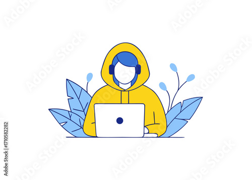 Vector Illustration of a Person in Hoodie Using Laptop surrounded by leaves