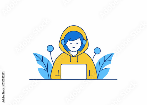 Vector illustration of a character in a hoodie using a laptop with headphones