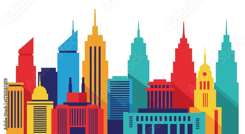 Colorful Cityscape Silhouette with Varied Architectural Styles.
