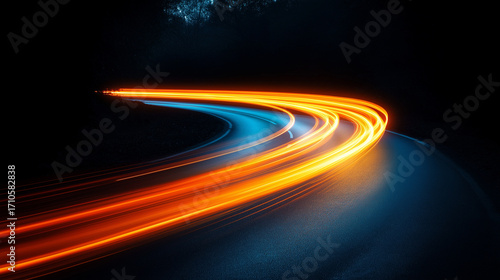 Abstract neon light trails in red and blue curving through a futuristic race track at night, symbolizing speed, motion, cyberpunk design, technology, and high-energy racing environments.