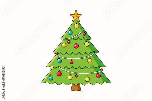 Decorated Christmas tree vector illustration with star and ornaments isolated on a white background