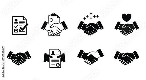 Black and white icons depicting agreements partnerships and business collaboration