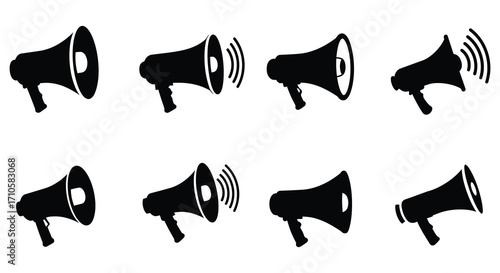 Several black megaphone icons displayed with sound wave variations on white