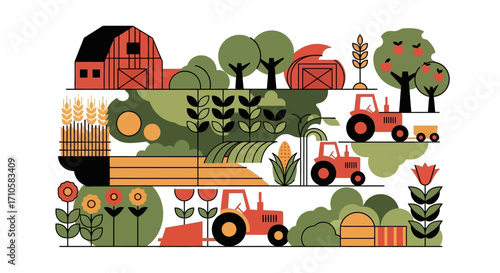 Colorful farm scene with barn tractors crops and trees in a vibrant illustration.