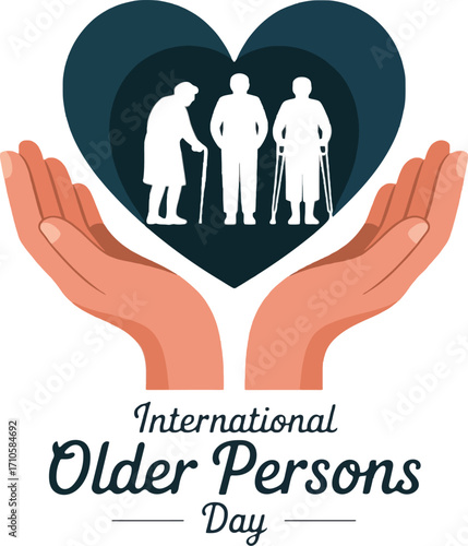 Hands holding heart with silhouettes of elderly people for International Older Persons Day protecting