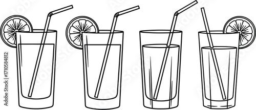 Illustration of summer drinks with lemon and straw line art