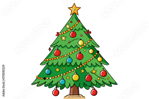 Vibrant Christmas tree vector illustration with festive ornaments and shining star on a white background, perfect for holiday designs