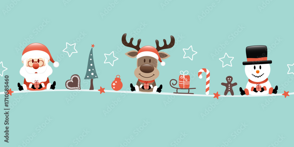 Fototapeta premium Banner Santa Rentier Und Schneemann Icons Zuckerstange Türkis