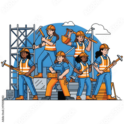 A team of female construction workers confidently pose with tools on a building site.