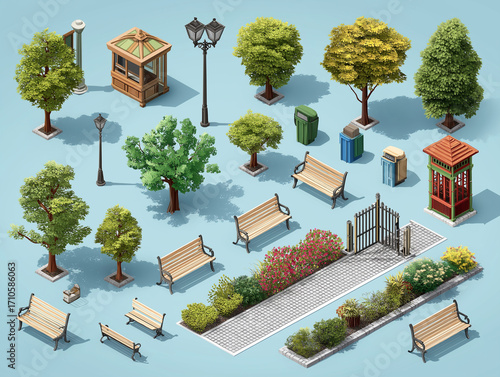 Modern park isometric elements constructor mega set. Creator kit with flat graphic street lanterns, trees and bushes, fences, benches, trash bins, paths. Vector illustration in 3D isometry design. HQ.