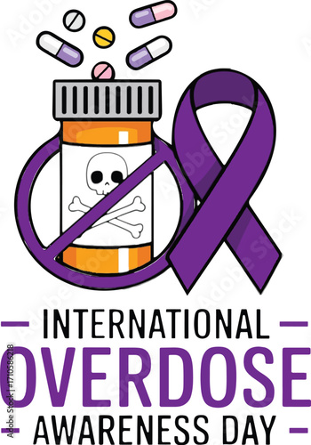 International Overdose Awareness Day purple ribbon and prohibition symbol with pills vector illustration