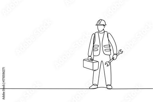 Line art illustration of a construction worker holding tools and a toolbox