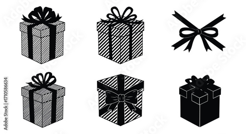 Black and white illustration of various gift boxes with ribbon designs