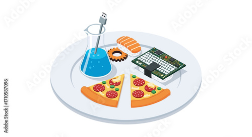 Conceptual Food Platter with Science and Technology Elements.