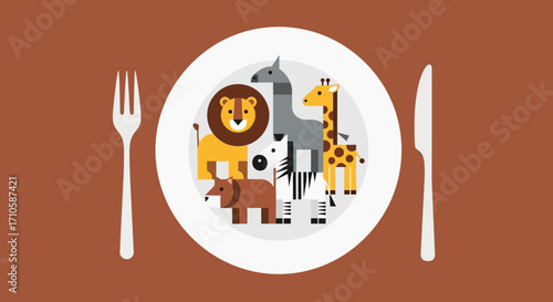 Conceptual Illustration of Geometric Wild Animals on a Dinner Plate.
