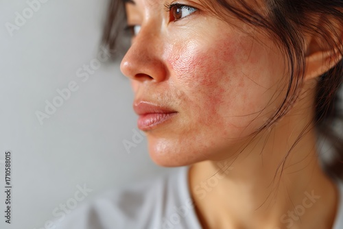 A macro shot of a person's face with a butterfly rash, symbolizing the symptoms of lupus and other autoimmune or dermatological skin diseases.