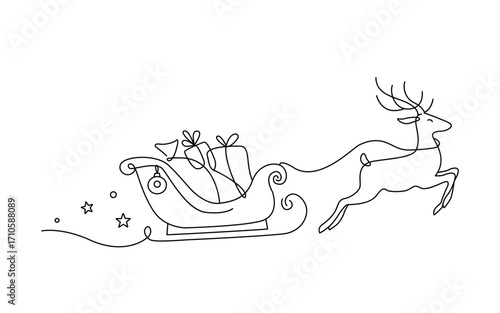 Santa Claus on reindeer and sleigh drawn with one continuous line. Concept for Christmas and New Year. Design for greeting card or banner. Vector illustration.