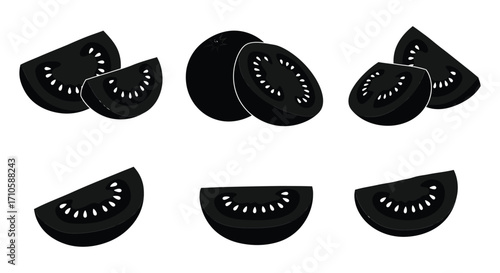 Black and white illustration of sliced tomatoes in various arrangements