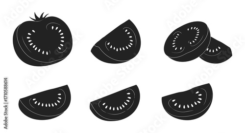 Black and white illustration of a whole tomato and its sliced pieces