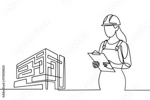 Architectural drawing of a building with a female engineer