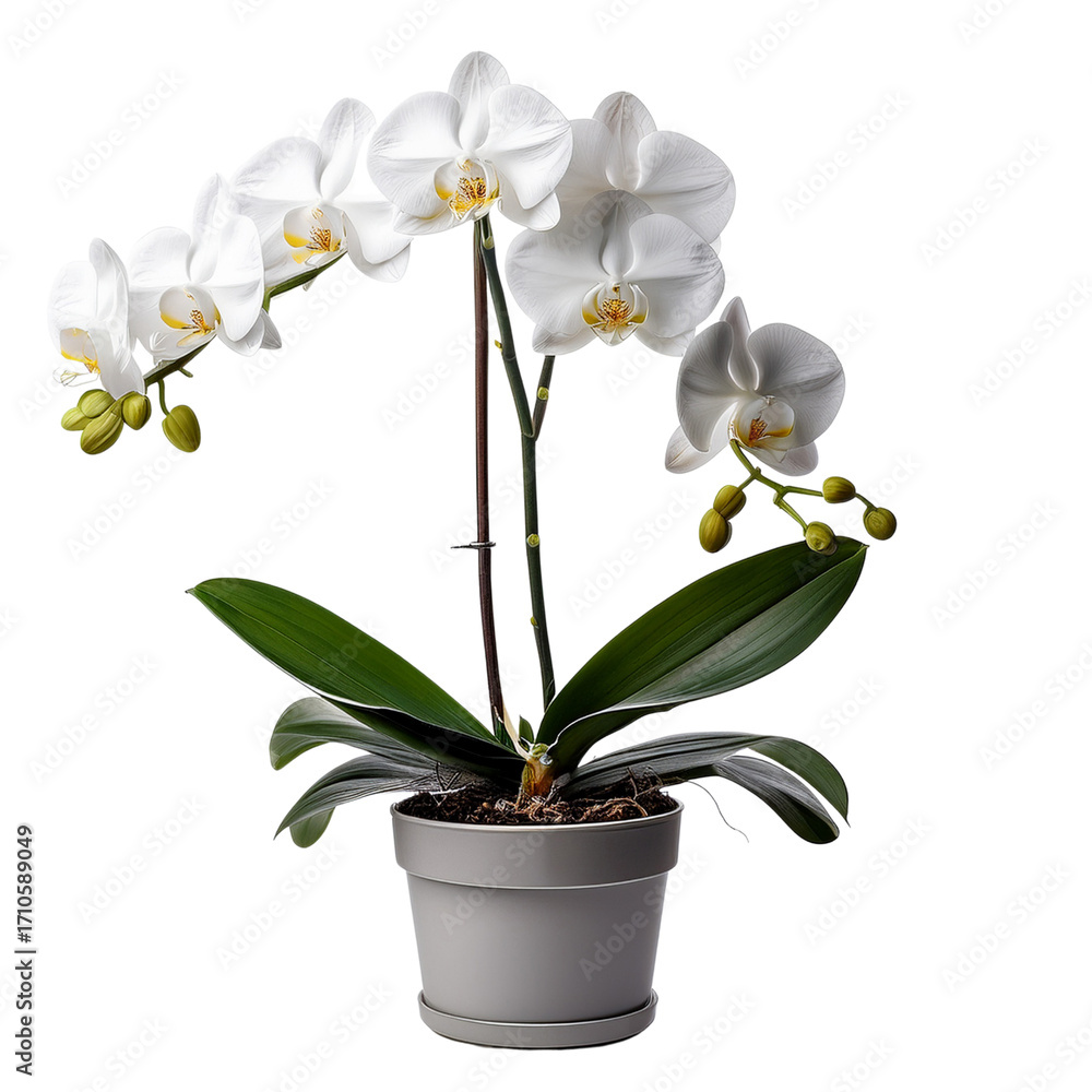 Naklejka premium White colour Orchid in a pot of a transparent background.